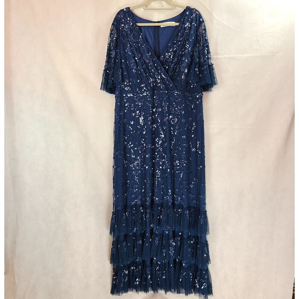 New MAC DUGGAL 9270 (22W) Dark Blue Sequin Flutter Sleeve Tiered Gown $798